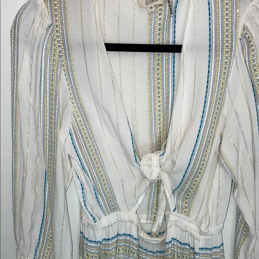 Elan White Striped Plunge V-Neck Tie-Front Puff Sleeve Dress Size Medium - Picture 4 of 5